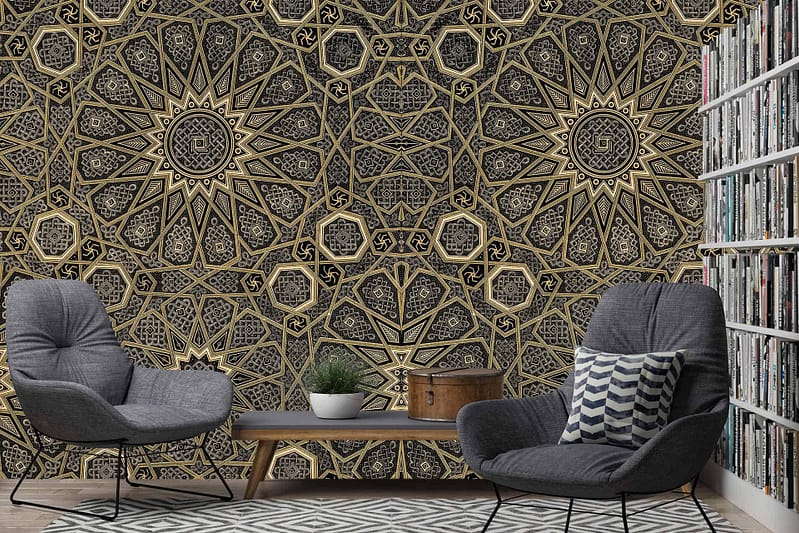 Intricate wallpaper with geometric patterns and Arabian Gold star motifs in black.