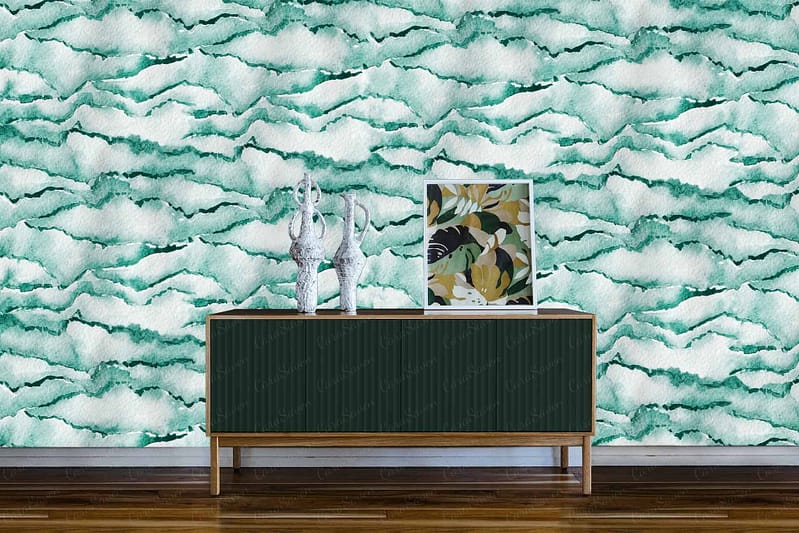The wallpaper features a wavy green and white pattern, reminiscent of Mrs. Dancing Under the Stars. The design incorporates fluid, undulating lines that interlace green and white shades.