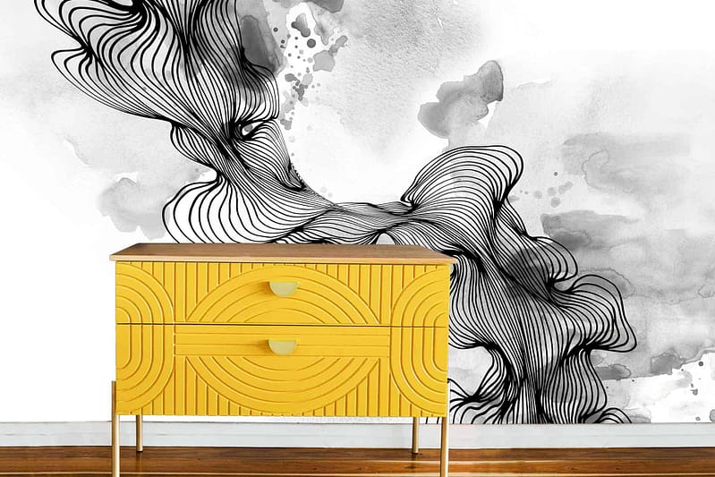 An artistic black and white abstract wall mural featuring swirling lines and watercolor textures.