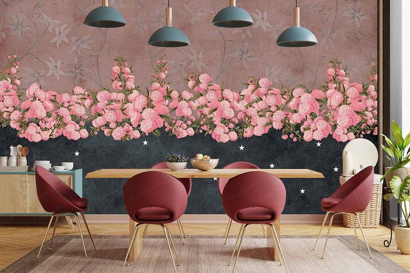 Floral mural features pink blossoms and leafy branches, reminiscent of a bed of roses.