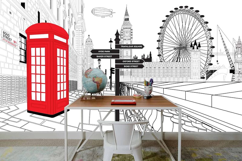 Wall mural: Iconic London landmarks in black and white sketch style. Vivid red phone booth in left foreground. Features Big Ben's clock tower, London Eye, street signs.