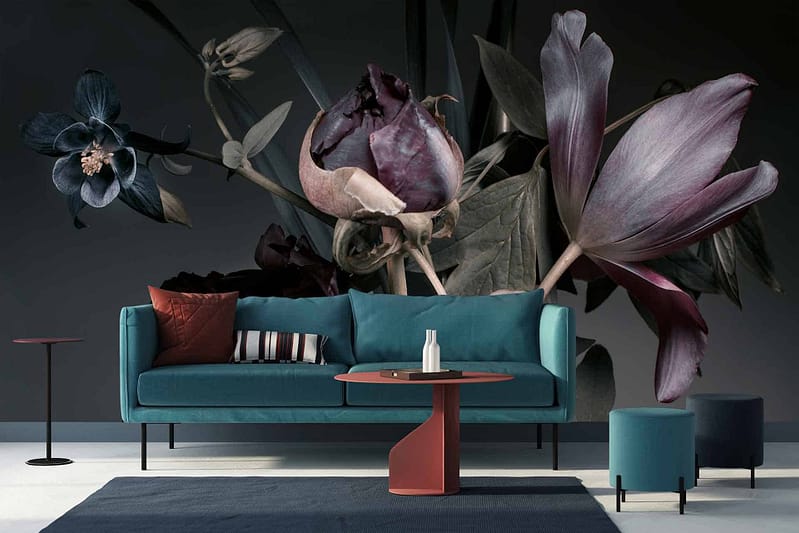The wallpaper in the modern living room features a large, dark floral mural with intricate purple and black flowers.