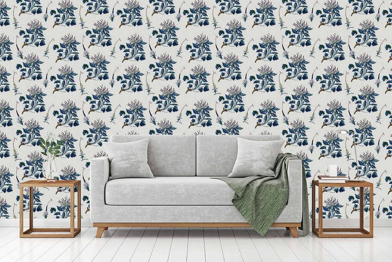 Blue Danube floral wallpaper pattern; features blue flowers, green leaves, and intricate designs.