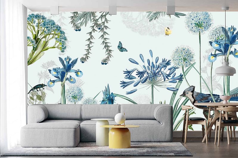 Large mural featuring colorful flowers, butterflies, Blue Birds in shades of blue and green