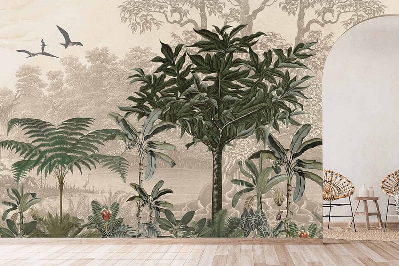 The mural displays a tropical forest scene with lush green trees and plants. It features vibrant greenery, shades of green foliage, various textures of plant life, and colorful birds flying in the distance. The background integrates earthy tones to complement the vivid vegetation and wildlife.