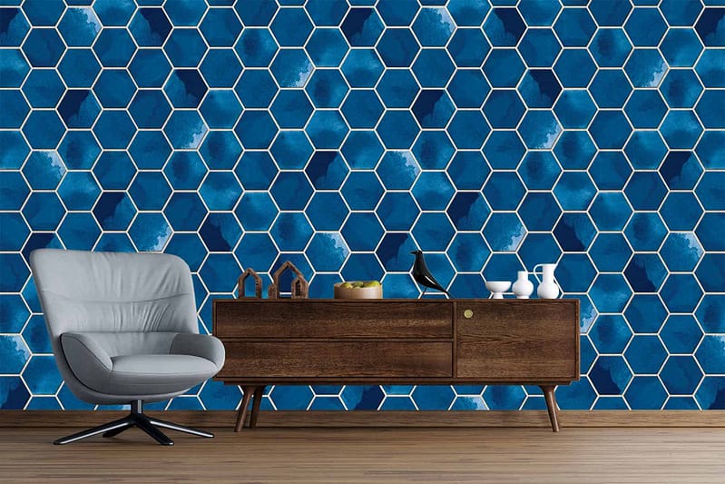 Blue hexagonal tile backdrop; vibrant, modern; shades of blue and turquoise.