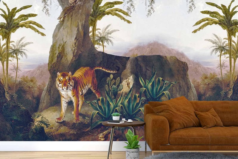 Tiger on rocky terrain, tropical plants, palm trees. Misty mountainous landscape background. Predominant colors: green (vegetation), shades of brown (rocks and trees), orange and black (tiger). Accents of blue and gray (misty mountains).