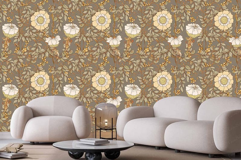 The wallpaper features large white flowers, green foliage, and yellow accents in an intricate Nouveau style. This creates an elegant and stylish atmosphere with a classic cinema vibe.