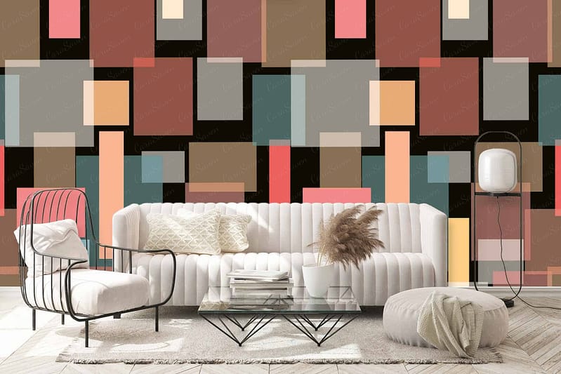 The modern living room's wallpaper features colorful geometric patterns reminiscent of Cubist art. It includes elements like vibrant triangles, rectangles, and abstract shapes in bold hues such as red, blue, yellow, and green. The design is dynamic and eye-catching with intersecting lines and blocks of color that add a contemporary flair to the space.
