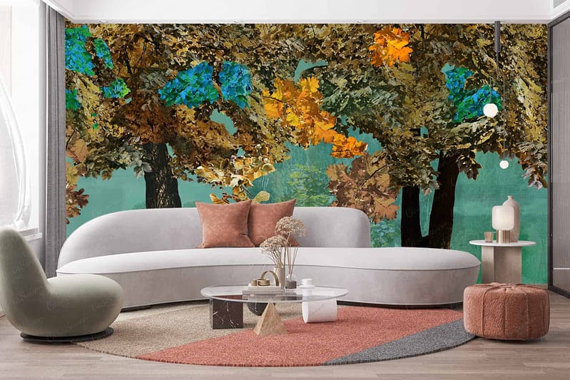 The wallpaper features a large, vibrant mural depicting an autumn forest scene. Elements include tall trees with orange and yellow leaves, earthy browns, deep reds, and touches of green foliage. The scene is reminiscent of the Faraway Tree from classic literature.