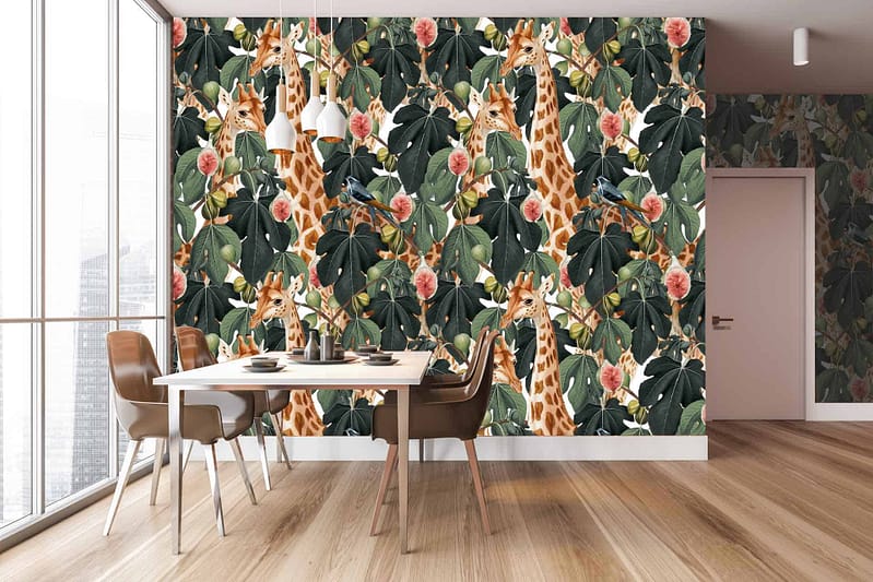 Wallpaper features: giraffes, lush green leaves, colorful flowers, blue birds. Vibrant colors and nature-themed elements.