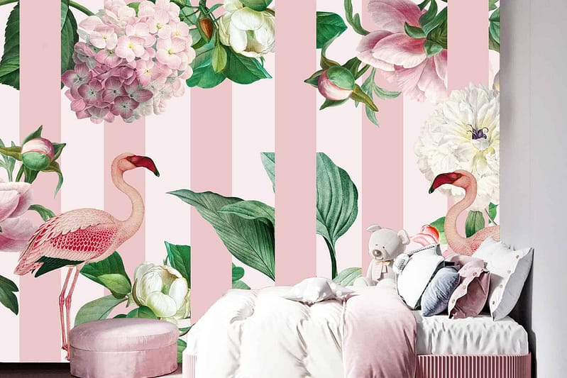 The wallpaper features bold, pink stripes adorned with large floral patterns and flamingo illustrations.