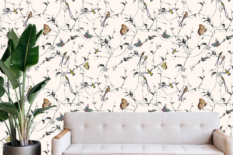 The wallpaper features a detailed, nature-inspired pattern with flowers, butterflies, and birds. Prominent elements include intricate floral designs, vibrant butterflies in various poses, and colorful birds perched amidst the foliage. The color palette includes rich greens, delicate pinks, deep reds, blues, and subtle gold accents.
