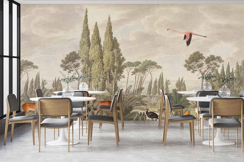 Wallpaper features: serene forest scene, tall trees, flamingo in flight, various birds, deer. Colors: green, brown, pink.