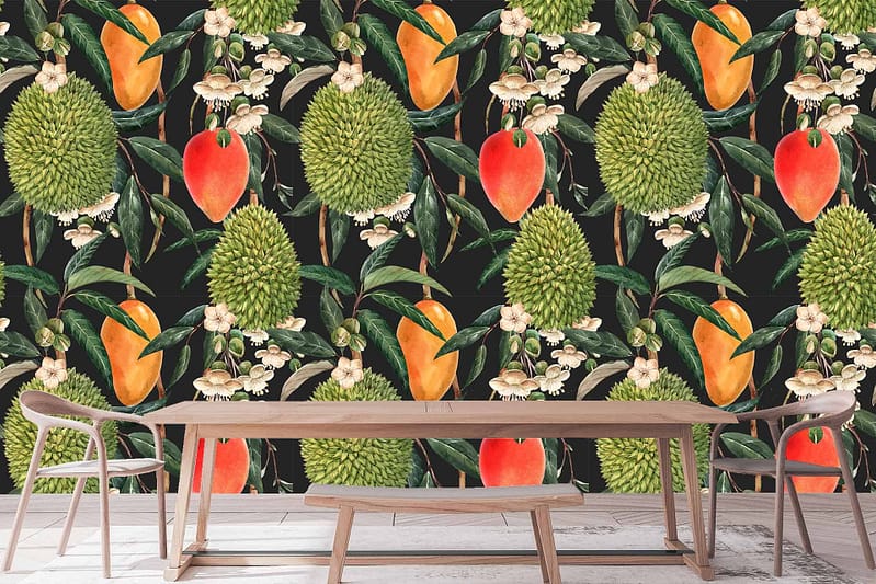Wallpaper features vibrant tropical fruits like durians and mangoes, green leaves, white flowers, all set against a black background.