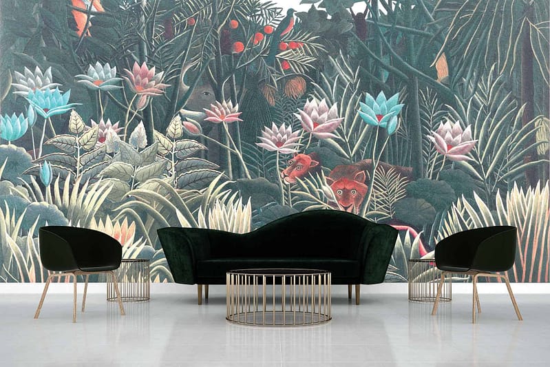 A vibrant jungle-themed mural featuring lush green exotic plants, colorful flowers in shades of red, yellow, and pink, hidden animals subtly incorporated into the design with pops of blue and earthy browns.
