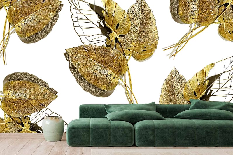 Bold wallpaper with a gold leaf design of delicate, skeletal leaves on a white background. Elements include intricate leaf patterns in gold on a crisp white backdrop.