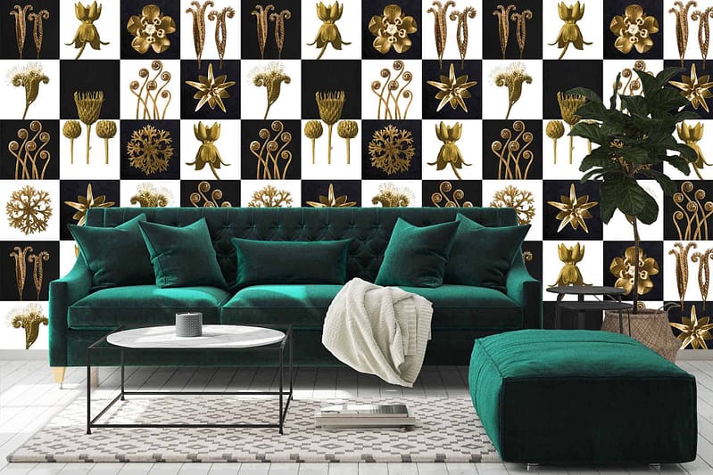 Black and white checkered pattern, intricate golden botany designs.