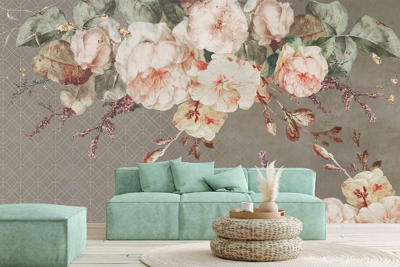 Large floral mural with soft pastel flowers, green leaves, floral design, pastel tones.