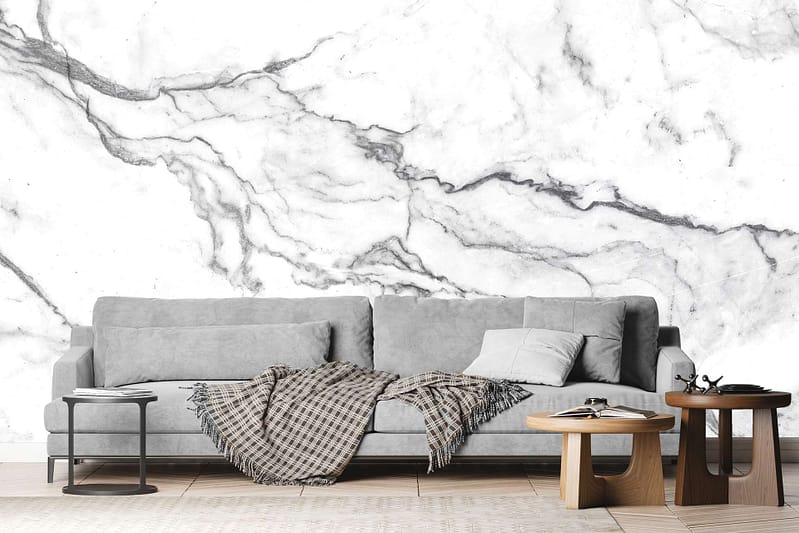 Striking white and gray marble design wallpaper with intricate veining patterns. The marble features subtle silver accents, creating a modern and elegant look.