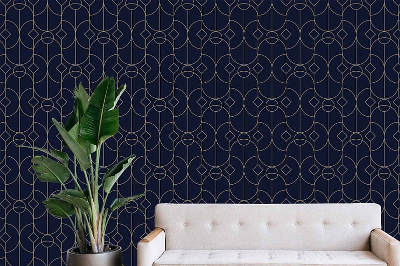 The wallpaper features a geometric pattern with interconnected circles and lines. The design showcases a mix of dark tones, predominantly deep charcoal or black, contrasted with lighter shades for the lines and circles, often in white or metallic hues like silver or gold.