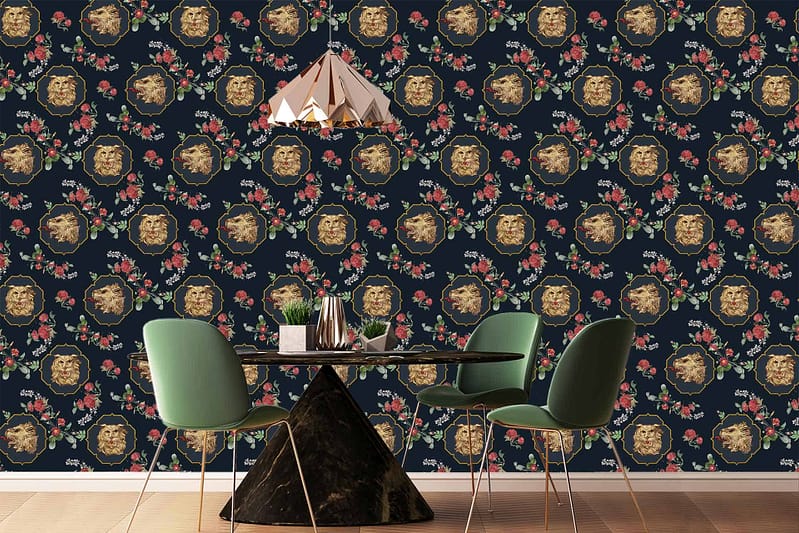 Wallpaper: dark background, floral patterns, gold accents; subtle heraldry elements.