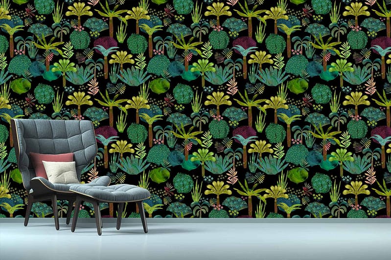 Vibrant, lush wallpaper features intricate designs of various green plants, leaves, and floral patterns on a black background. The vivid colors include shades of green and bursts of florals, creating a striking contrast with the dark backdrop.