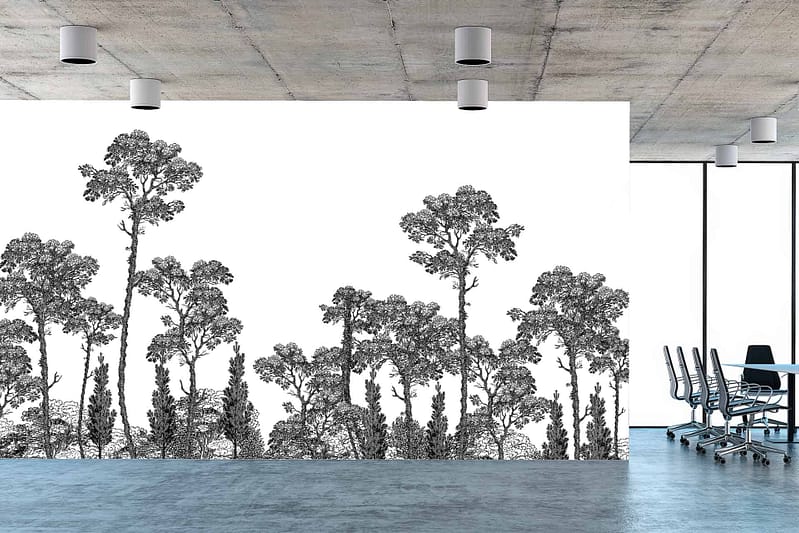The wallpaper features a monochrome forest scene with tall trees and detailed foliage, inspired by Indigenous art. It mainly includes shades of black, white, and gray. Key elements are intricate tree trunks, leaves, and forest floor details.