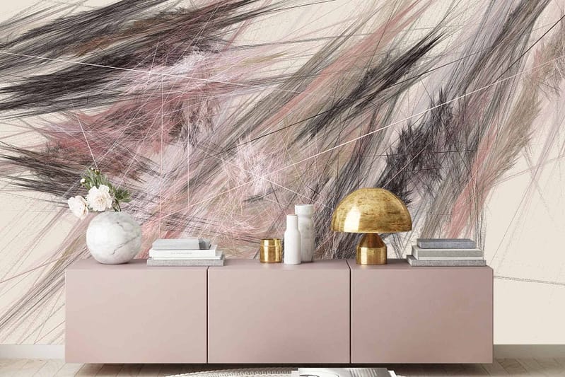 Abstract mural wallpaper with streaks of black, pink, and beige. Dynamic and artistic design featuring intersecting elements. Perfect for highlighting modern interiors.