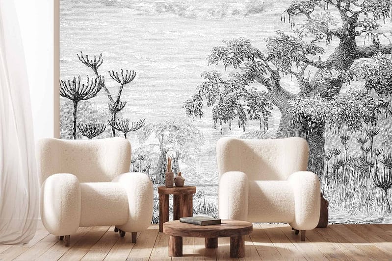 Intricate, black-and-white botanical illustration of a Joshua baobab against a wall.