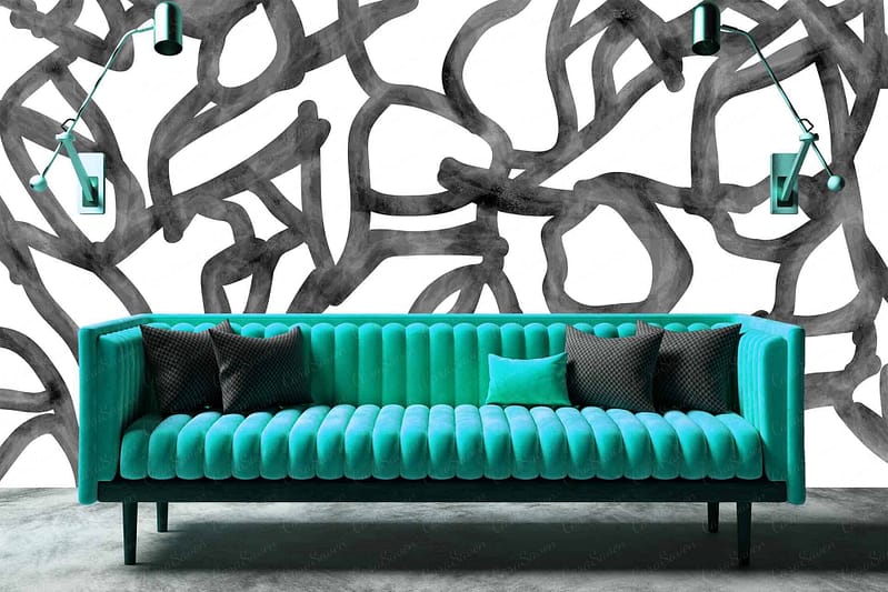 The wallpaper features a white background decorated with an abstract black line pattern.