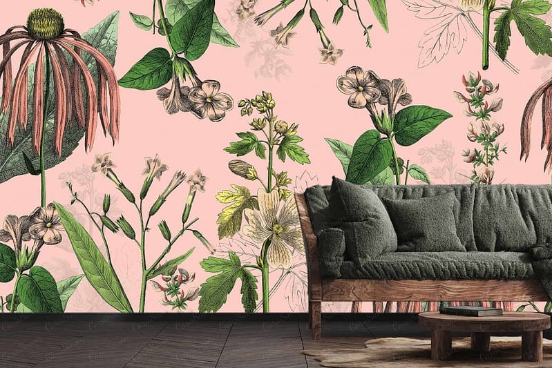 Pink floral wallpaper, botanical illustrations, lively atmosphere, vibrant flowers, green leaves.