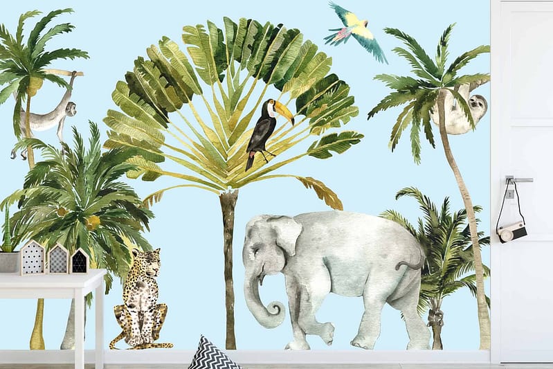 Colorful mural, jungle animals, tropical plants, elephant, toucan on large leaf, leopard on ground, two sloths in trees, parrot in flight, light blue background.