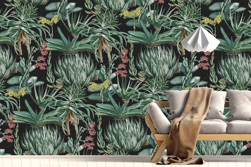 The wallpaper features a captivating botanical design with vibrant dark tones. It showcases various green tropical plants and small pink flowers, creating a lush ambiance.
