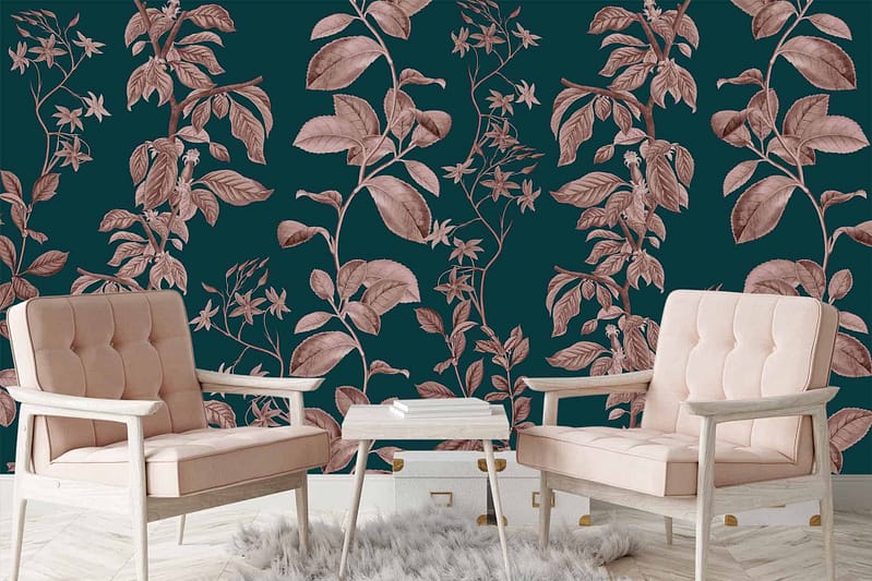 Dark teal wallpaper with a pattern of large, dusty pink leaves and branches.