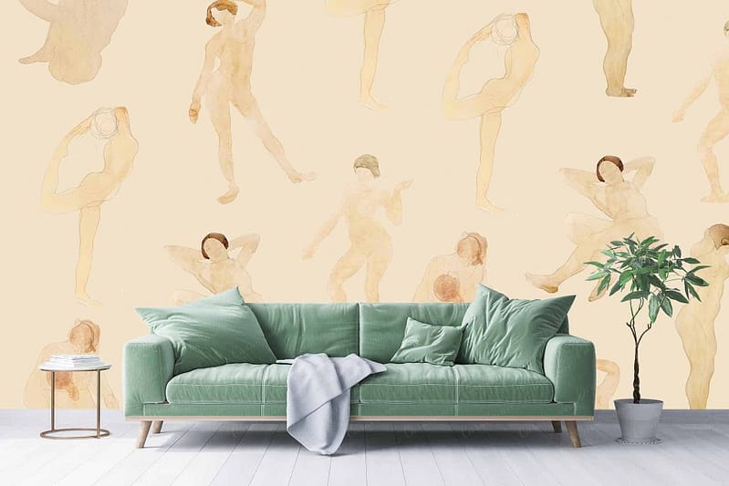Pastel-colored wallpaper featuring minimalist, hand-drawn human figures in light poses, similar to life drawing sketches.