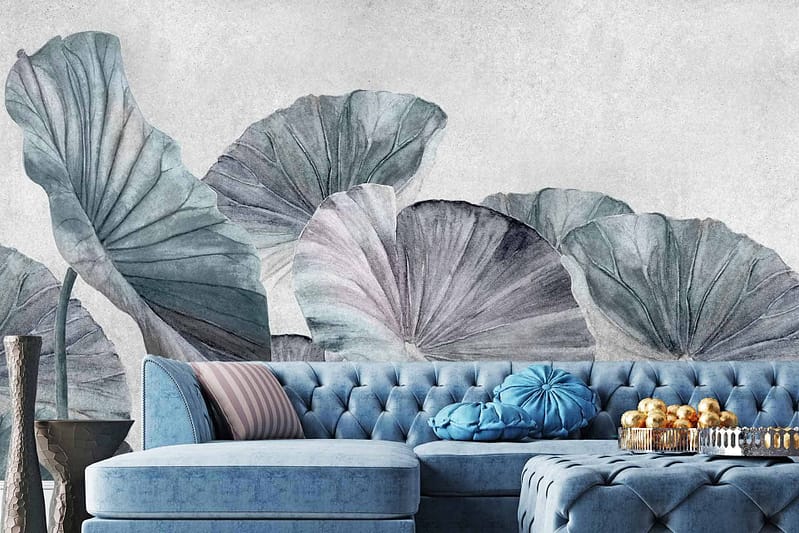 Large artistic lotus leaves, shades of blue and gray.