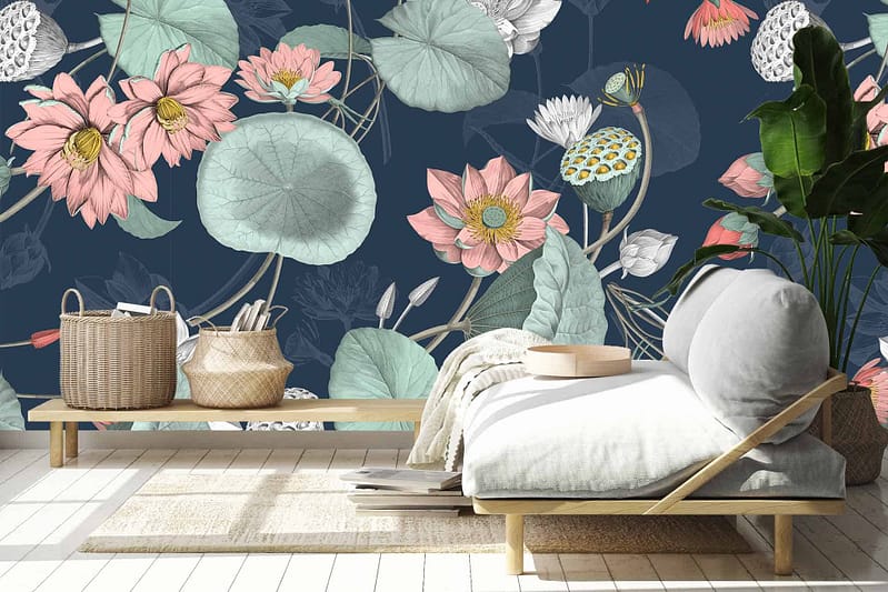 The living room boasts a statement wall featuring a large, colorful floral mural. The wallpaper showcases vibrant hues of pink, yellow, and green against a soft background, making it the focal point of the space.