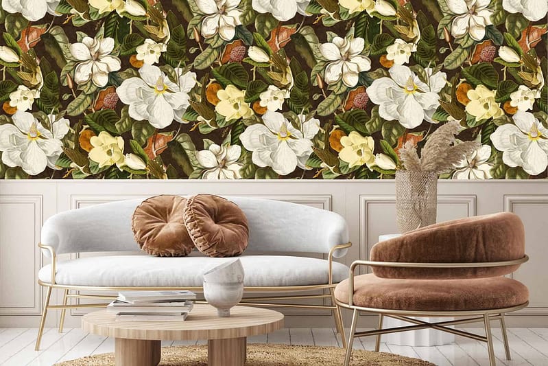 Vibrant floral wallpaper with colorful flowers. Includes white magnolias, yellow blooms on a dark background.