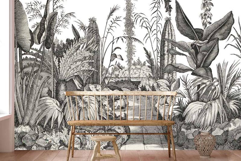 A large, detailed mural features a dense jungle scene with black-and-white illustrations of various plants and trees.
