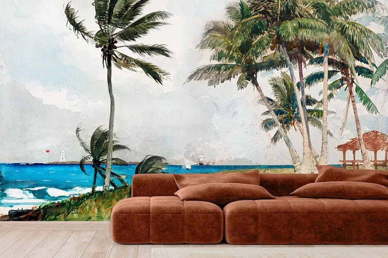 The wallpaper showcases a tropical beach scene in Mauritius. Elements include palm trees, a blue ocean, and a small island hut on the golden sand. Colors prominently featured are various shades of blue for the ocean, green for the palm trees, brown for the hut and tree trunks, and warm tones of gold and beige for the sand. The mural offers a serene, travel-inspired beach-themed ambiance with vibrant yet soothing colors.