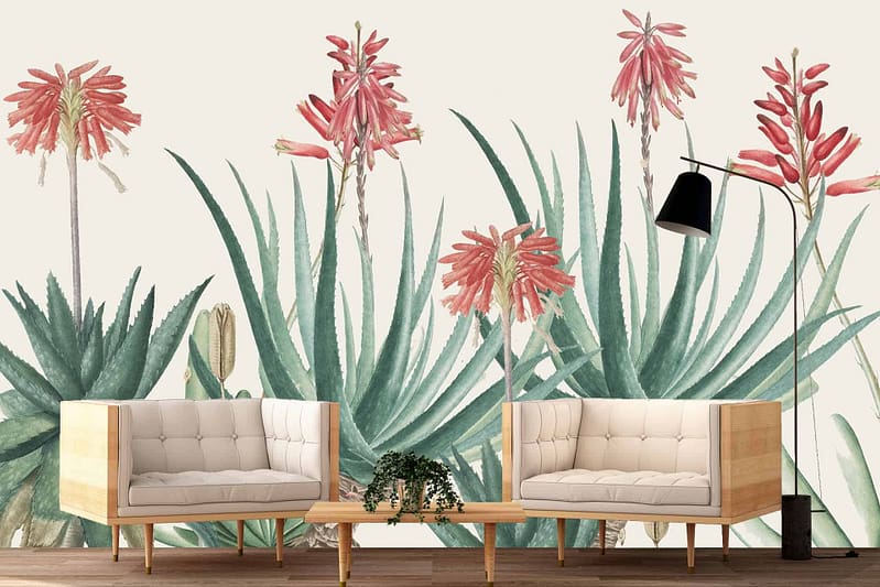 A vibrant wall mural with aloe vera plants and red aloe flowers. Elements include lush green aloe leaves and striking red flowers.