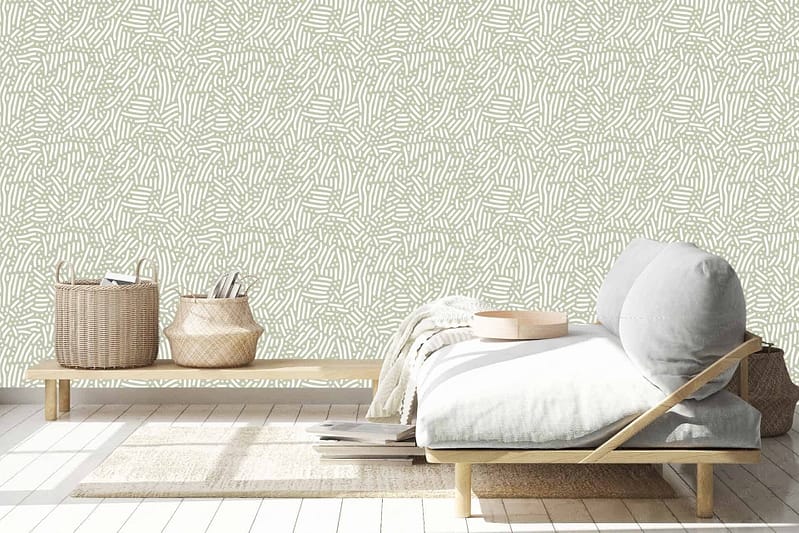 The wallpaper features an abstract pattern in neutral tones, including shades of beige, cream, and light gray.