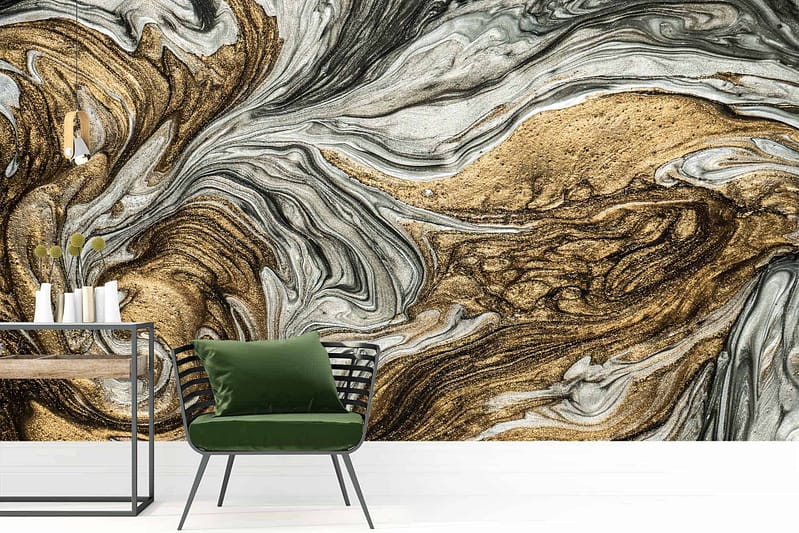 The wallpaper features a molten marble pattern with swirling elements of black, white, and gold colors.