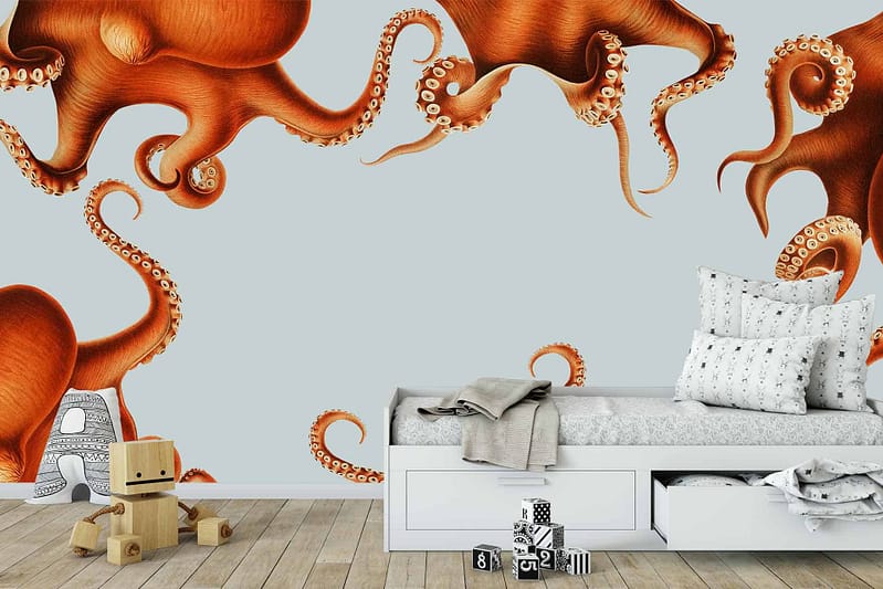A playful children's bedroom featuring a wallpaper mural inspired by *My Octopus Teacher*, showcasing large and detailed orange octopus tentacles sprawling across a light grey background.