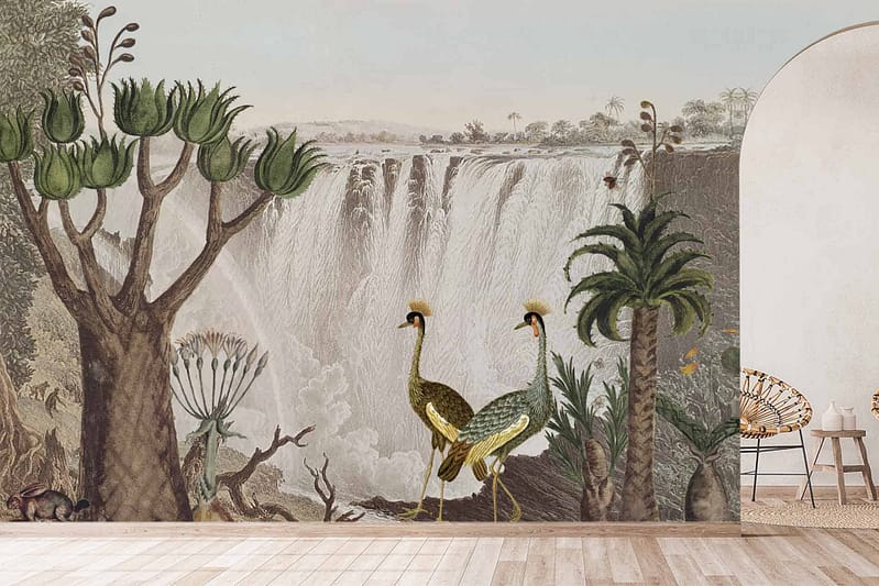 Lush tropical scene wallpaper, large waterfall, exotic birds (Natures Audience), vivid greens of tropical plants and trees, vibrant colors of birds (reds, blues), rich foliage detail.