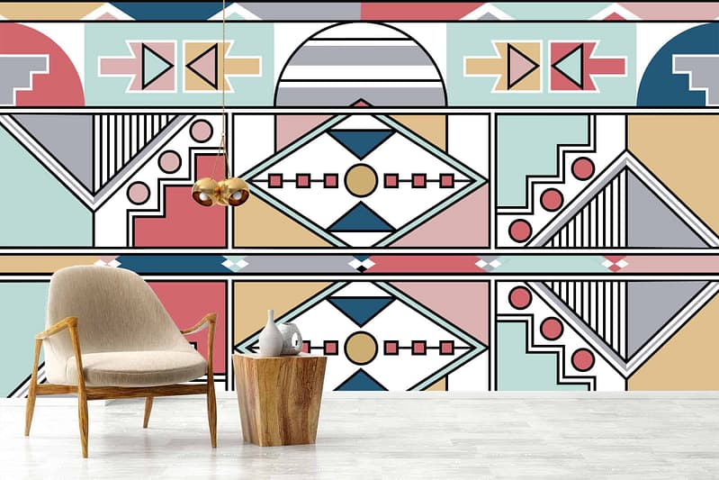 The wallpaper features a vibrant, Ndebele-inspired geometric mural with intricate patterns in red, green, blue, and beige.