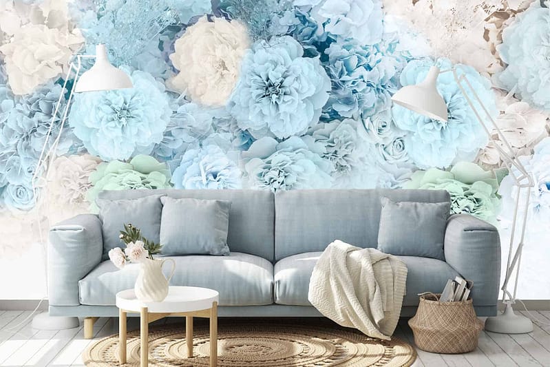 Soft blue, white, and green hues; intricate floral mural; large flowers; detailed petals; subtle leaves.