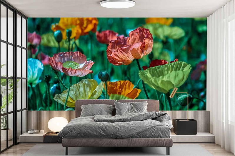 A bedroom wall features a large, vibrant floral mural with poppies that resemble an opium field. The mural showcases shades of red, orange, yellow, and pink flowers on a green background.