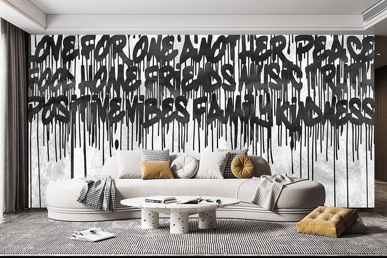 Bold, dripping black graffiti featuring words like "LOVE," "PEACE," and "FAMILY." The design includes vibrant splashes of colors such as red, blue, yellow, and green against a neutral-toned background. Minimalistic backdrop enhances the striking graffiti elements.